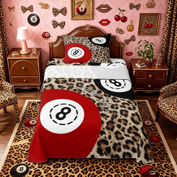 Castle Fairy Red Billiards Twin Sheets 3pcs, Vintage Leopard Print Bedding, Brown Red White,1 Fitted Sheet, 1 Flat Sheet and 1 Pillowcase