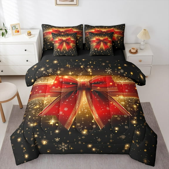Castle Fairy Red Bowknot 7-Piece Queen Teens’ Sparkling Sequin Christmas Microfiber Bedding Comforter Set