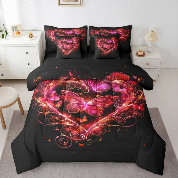 Castle Fairy Red Butterfly 7Pcs Bedding Comforter Set for Teens Women Men,Romantic Vintage Queen Bedding Sets Super Cozy,Love Heart Print Queen Sheet Sets,Lightweight Room Decor