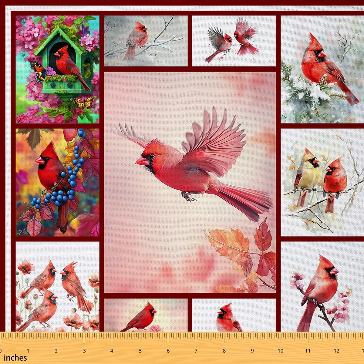 Castle Fairy Red Cardinal Bird Fabric by the Yard 3 Yards, Wildlife Plaid Home Decor Fabric by the Yard, Merry Christmas Sewing Fabric, Super Cozy Room Decor