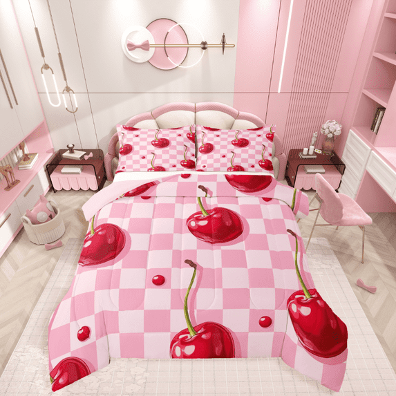 Castle Fairy Red Cherry 2pcs Bedding Comforter Set,Kawaii Fruit Twin Comforter Sets,Geometric Plaid Breathable Bedding Set,Breathable Cute Home Decor,Reversible