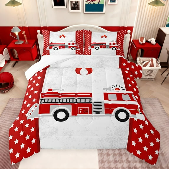 Castle Fairy Red Fire Truck 3 Pieces Queen Comforter Set for Preppy Child Children,Cartoon Car Theme Ultra Soft Bedding Sets,Kawaii Stars Print Bedding Comforter Set Breathable