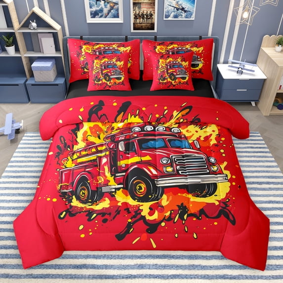 Castle Fairy Red Fire Truck 7-Piece Twin Bedding Sets for Teens Boys,Car Theme Bedding Comforter Set,Firefighter Car Breathable Sheet Sets,Microfiber Bedroom Decor