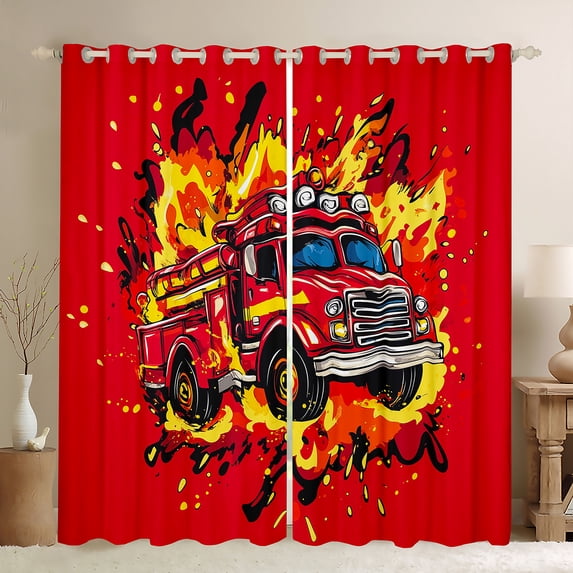 Castle Fairy Red Fire Truck Black Out Curtains for Teens Boys,Car Theme Curtains Pack Of 2 (42X63 Each),Firefighter Car Bedroom Curtains,Microfiber Bedroom Decor