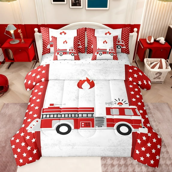 Castle Fairy Red Fire Truck Twin Bedding Sets 7-Piece for Preppy Child Children,Cartoon Car Theme Bedding Comforter Set Microfiber,Kawaii Stars Print Breathable Sheet Sets,Lightweight Room Decor