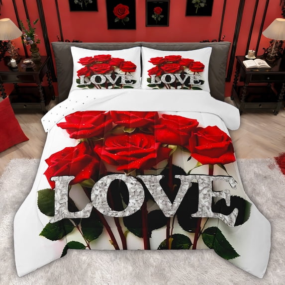 Castle Fairy Red Floral Rose Queen Comforter Set,Romantic Flowers Bedding Comforter Set