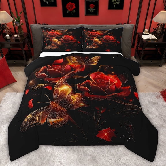 Castle Fairy Red Flower Rose Full Size Comforter Sets,Romantic Gold Butterfly Bedding Sets