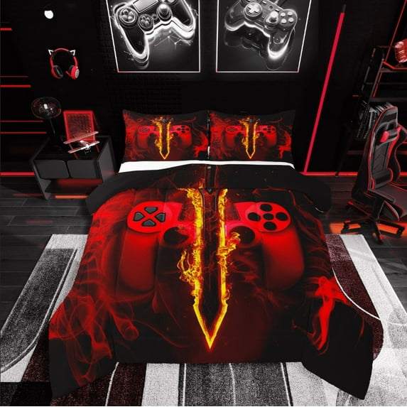 Castle Fairy Red Gamepads 3 Pieces Queen Comforter Set for Teens,Gradient Lightsaber Ultra Soft Bedding Sets,Video Game Bedding Comforter Set,Super Cozy Room Decor