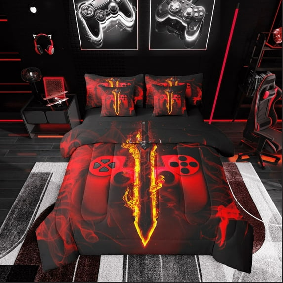 Castle Fairy Red Gamepads 7 Pieces Bedding Comforter Set for Teens,Gradient Lightsaber Full Bedding Set Lightweight,Video Game Fitted Sheet Flat Sheet,Super Cozy Room Decor