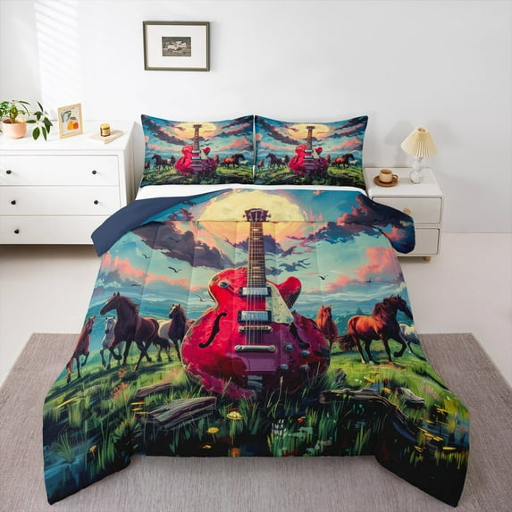 Castle Fairy Red Guitar Queen Comforter Set,Farmhouse Animal Horse Bedding Comforter Set