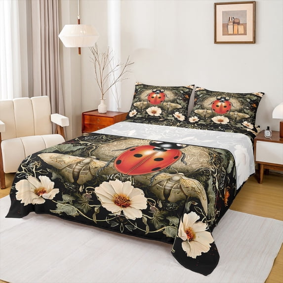 Castle Fairy Red Ladybird Moth Queen Sheet Sets,Vintage Flower Daisy Bed Set