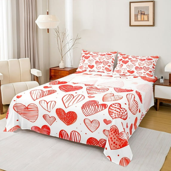 Castle Fairy Red Love Heart Print 4 Pieces Queen Sheet Sets for Boys Girls,Happy Valentine's Day Ultra Soft Flat Sheet,Romantic Lover Couple Queen Fitted Sheet,Breathable Home Decor