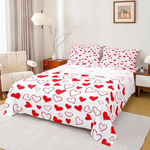 Castle Fairy Red Love Heart Print 4 Pieces Queen Sheet Sets for Boys Girls,Happy Valentine's Day Ultra Soft Flat Sheet,Romantic Lover Couple Queen Fitted Sheet,Breathable Home Decor