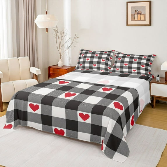 Castle Fairy Red Love Heart Print 4pcs Bed Sheets for Female Men,Geometric Plaid King Sheets,Happy Valentine's Day Super Cozy Sheet Set,Breathable Home Decor