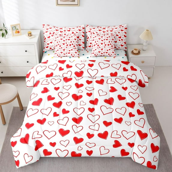 Castle Fairy Red Love Heart Print Bedding Comforter Set 7 Pieces for Boys Girls,Happy Valentine's Day Full Bedding Set Lightweight,Romantic Lover Couple Fitted Sheet Flat Sheet,Breathable Home Decor