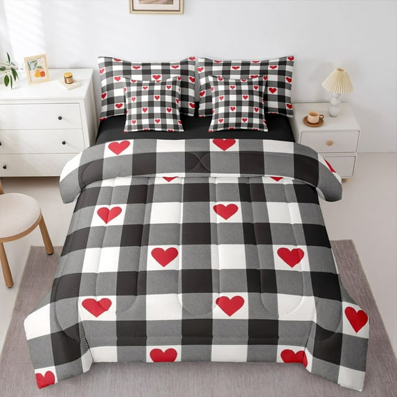Castle Fairy 7-Piece Full Bedding Set, Red Love Heart Print Geometric Plaid Design