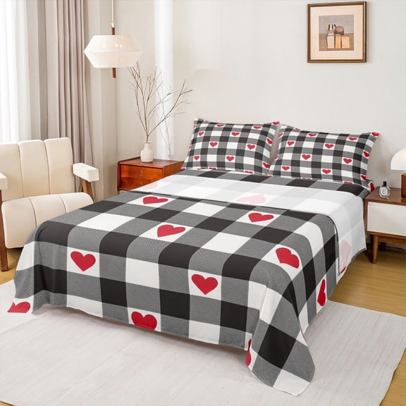 Castle Fairy Red Love Heart Print Full Size Sheets 4-Piece for Female Men,Geometric Plaid Breathable Bed Sheets,Happy Valentine's Day Lightweight Sheet Sets,Breathable Home Decor