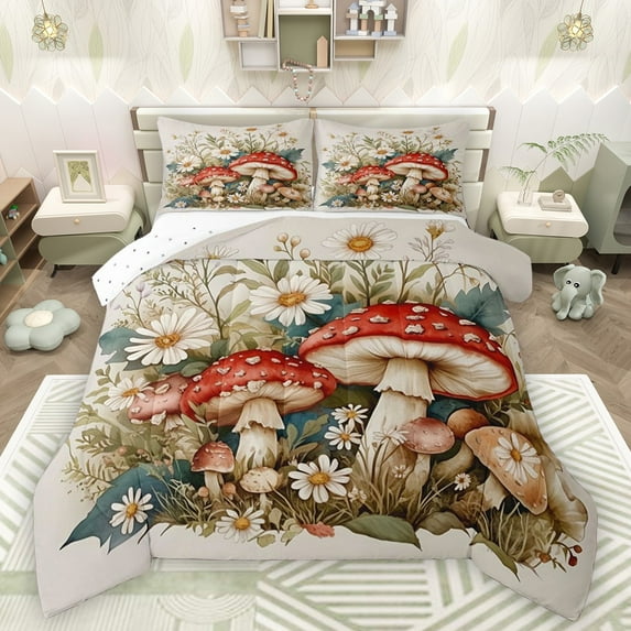 Castle Fairy Red Mushroom Boy Girl Bedding Comforter Set 2pcs,Chic Floral Daisy Twin Comforter Sets Microfiber,Botanical Plants Breathable Bedding Set,Ultra Soft Home Decor,Reversible