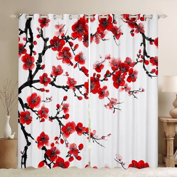 Castle Fairy Red Sakura Curtains Pack of 2 (42x84 Each),Cherry Blossom Curtains Blackout,Black Red Bedroom Curtains,Ultra Soft Japanese Style Home Decor