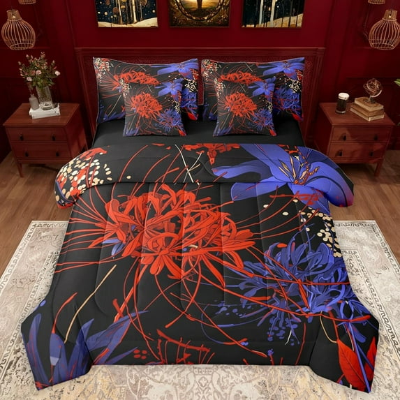 Castle Fairy Red Spider Lily Twin Bedding Sets 7-Piece for Boys Girls,Chic Floral Blossoms Bedding Comforter Set Microfiber,Exotic Style Breathable Sheet Sets,Luxury Bedroom Decor,Reversible
