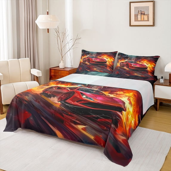 Castle Fairy Red Supercar Queen Sheet Sets 4 Pieces for Boys, City Explosion Bed Set for Bedroom, Red and Black