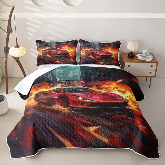 Castle Fairy Red Supercar Quilt King for Boys,City Explosion King Coverlet Set for Bedroom,Red and Black