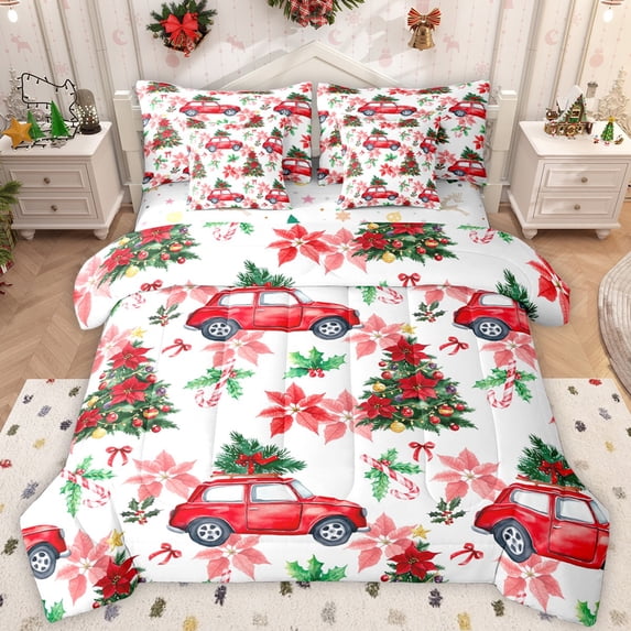 Castle Fairy Red Truck Boy Girl Twin Bedding Sets 7-Piece,Christmas Flower Tree Bedding Comforter Set Microfiber,Xmas Festival Breathable Sheet Sets,Luxury Bedroom Decor,Reversible