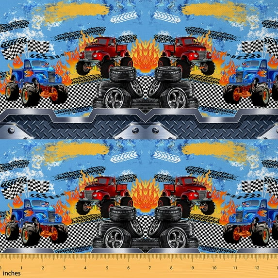 Castle Fairy Red Truck Fabric by the Yard 10 Yard,Geometric Plaid Room Decor Fabric by the Yard,Abstract Vintage Sewing Fabric,Luxury Boys Bedroom Decor