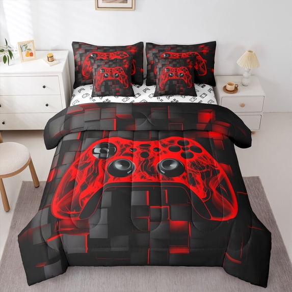 Castle Fairy Red Video Game Bedding Comforter Set,Abstract Gamepads Full Bedding Set