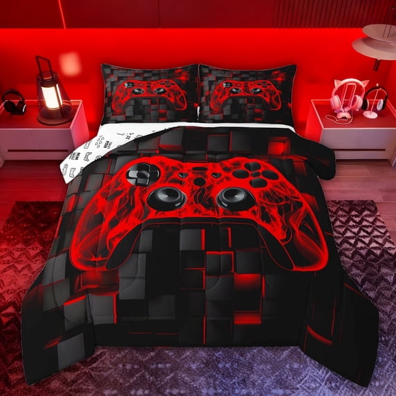 Castle Fairy Red Video Game Full Size Comforter Sets,Abstract Gamepads Bedding Sets