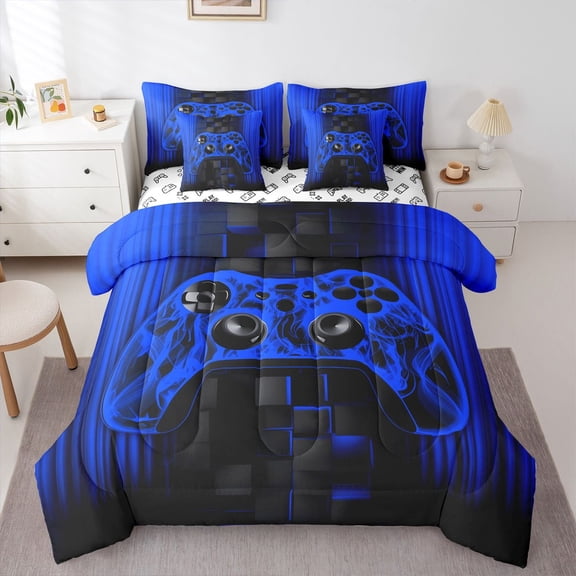 Castle Fairy Red Video Game Twin Bedding Sets,Stripes Gamepads Bedding Comforter Set