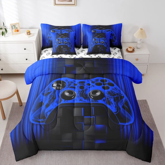 Castle Fairy Red Video Game Twin Bedding Sets,Stripes Gamepads Bedding Comforter Set