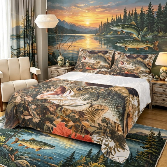 Castle Fairy Retro Autumn Game Fish Turkey King Sheets 4pcs,Fall Leaf Wildlife Cabin Graphic Bedding,Brown Tan,1 Fitted Sheet,1 Flat Sheet and 2 Pillowcases