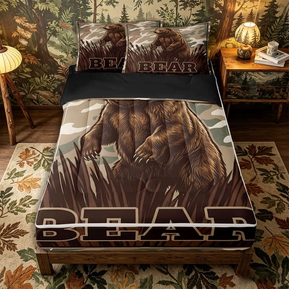 Castle Fairy Retro Bear Camoufalge Zipper Queen Comforter Set with Fitted Sheet and 2 Pillowcases for Teens,Abstract Camo Animal Zipper Bedding Set,Green Brown Beige,Black Reversible,4 Pieces