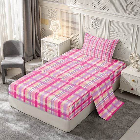 Castle Fairy Retro Bright Plaid Twin Sheets 3pcs,Abstract Intersecting Strip Bedding,Fuchsia Lavender White,1 Flat Sheet, 1 Fitted Sheet and 1 Pillowcase