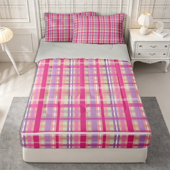 Castle Fairy Retro Bright Plaid Zipper Twin Comforter Sets with Fitted Sheet and 2 Pillowcases,Abstract Intersecting Strip Zipper Bedding Set,Fuchsia Lavender White,Reversible