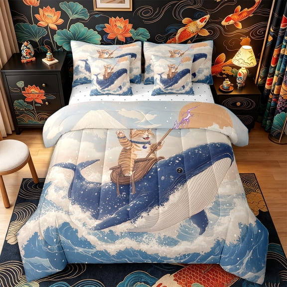 Castle Fairy Retro Cat Riding Whale 7-Piece Twin Bedding,Wave Mountain Kitten Art Bedding Comforter Set,Sky Cream,Reversible