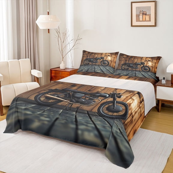 Castle Fairy Retro Classic Motorcycle Full Size Sheets 4-Piece for Boys, Wood Wall Background Bed Sheets for Bedroom, Black Copper