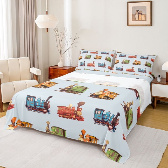 Castle Fairy Retro Colorful Train Full Size Sheets 4-Piece for Youth, Whimsical Locomotive Bed Sheets for Bedroom, Blue Green Red