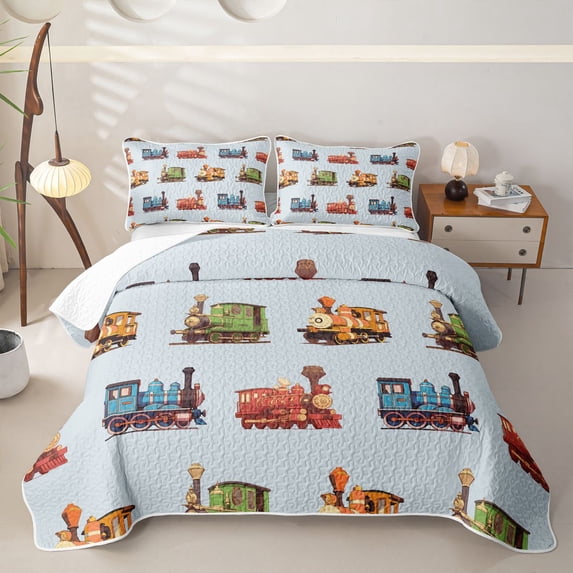 Castle Fairy Retro Colorful Train Twin Quilt Set,Whimsical Locomotive Twin Coverlet Set for Bedroom,Blue Green Red