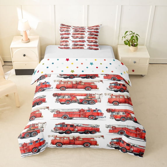 Castle Fairy Retro Fire Truck Twin Bedding for Teens, Classic Vehicle Print Duvet Cover Set for Bedroom, Red White,2pcs,No Comforter