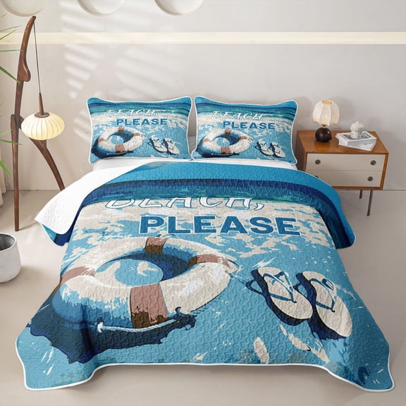 Castle Fairy Retro Flat Beach Quote Design Twin Quilt Set,Swim Ring Flip Flop Shore Print Twin Coverlet Set,Cyan Cream