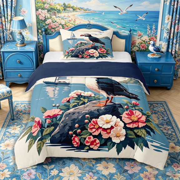 Castle Fairy Retro Flat Sailboat Puffin Twin Comforter Sets 2pcs,Pink Rose Seagull Calm Seascape Print Bedding Set,Cream Azure,Navy Blue Reversible,1 Comforter and 1 Pillowcase
