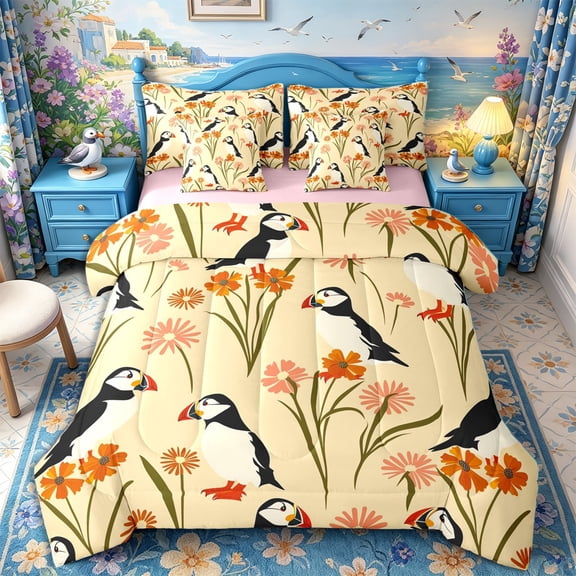 Castle Fairy Retro Floral Puffin Tile Full Size Bedding Sets 7 Pieces,Wild Daisy Cream Background Seamless Pattern Full Size Bed in a Bag,Peach Cream,Pink Reversible