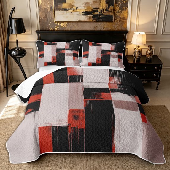 Castle Fairy Retro Geometric Block Bed Spread Queen 3pcs,Abstract Vertical Streak Queen Coverlet Set,Black Red Offwhite,1 Quilt and 2 Pillowcases