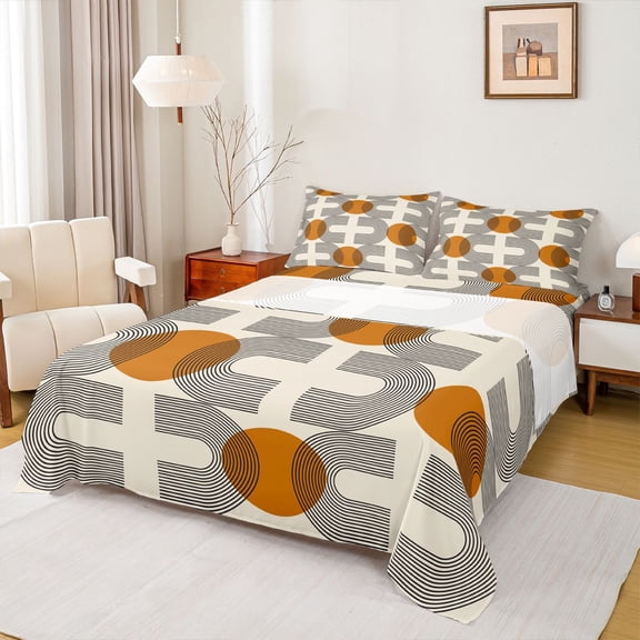 Castle Fairy Retro Geometric Pattern Bed Sheets 4pcs for Adults, Abstract Art King Sheets for Bedroom, Orange Beige