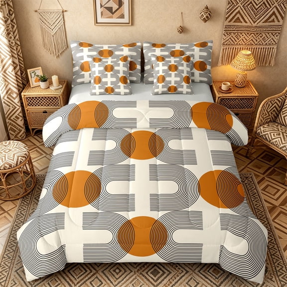 Castle Fairy Retro Geometric Pattern Bedding Comforter Set 7pcs for Adults, Abstract Art Queen Bedding Sets for Bedroom, Orange Beige,Grey Reversible