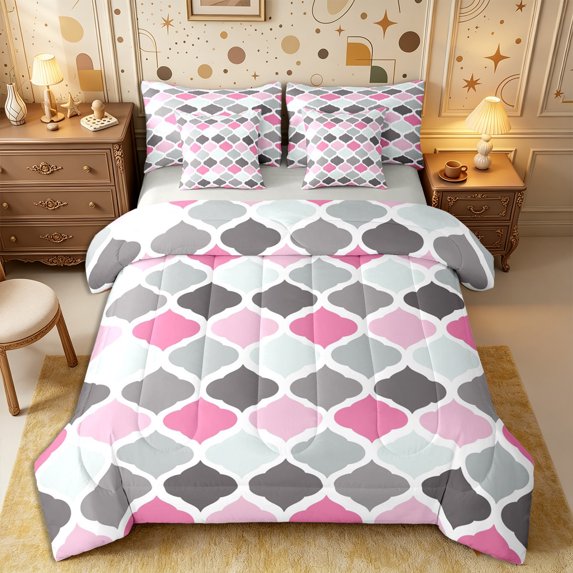 Castle Fairy Retro Geometric Quatrefoil Queen Bedding 7pcs,Bohemian Grid Motif Bedding Comforter Set Queen,Pink Gray Mint,Reversible