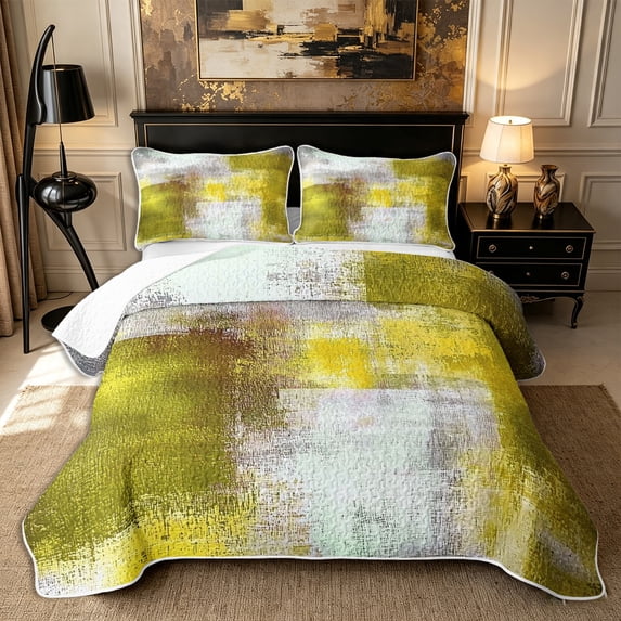 Castle Fairy Retro Geometric Rectangle Quilt Full 3-Piece,Abstract Gradient Smudge Full Bedspread Sets,Olive Yellow White,1 Coverlet and 2 Pillowcases