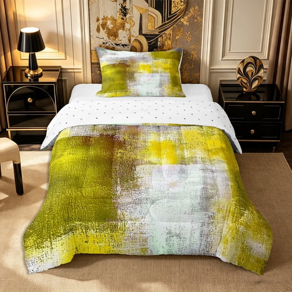 Castle Fairy Retro Geometric Rectangle Twin Comforter Sets 2pcs,Abstract Gradient Smudge Bedding Set,Olive Yellow White,Reversible,1 Comforter and 1 Pillowcase